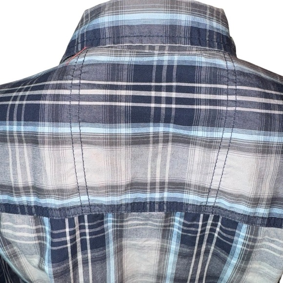 📌 No Boundaries Blue Gray Plaid Snap Front Shirt Men’s S 34/36 Tapered Casual - Picture 3 of 6